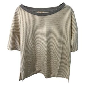 Hem & Thread Boxy Cream and Gray Striped Tee Shirt Size LG NWT